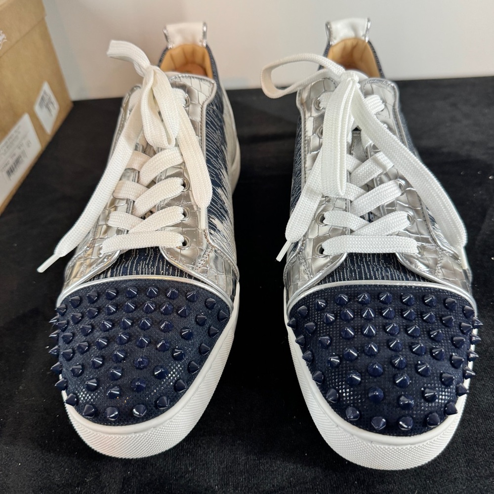 Authentic Christian Louboutin Silver and Navy Spiked Sneakers